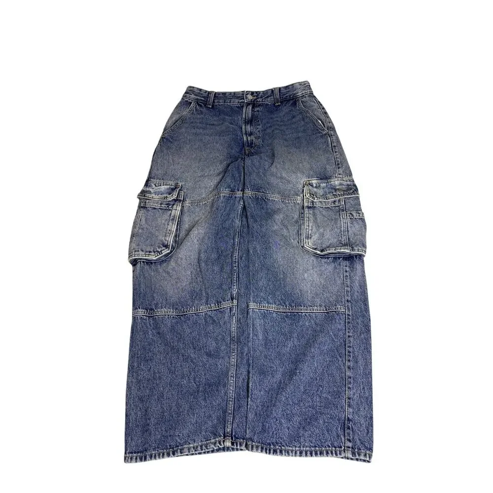 Bershka Skater Cargo Jeans Baggy Wide Leg Blue Denim Y2K Size 30